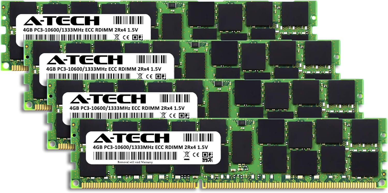 A-Tech 16GB Kit (4x4GB) Memory RAM for Supermicro Super X8DT3 - DDR3 1333MHz PC3-10600 ECC Registered RDIMM 2Rx4 1.5V - Server