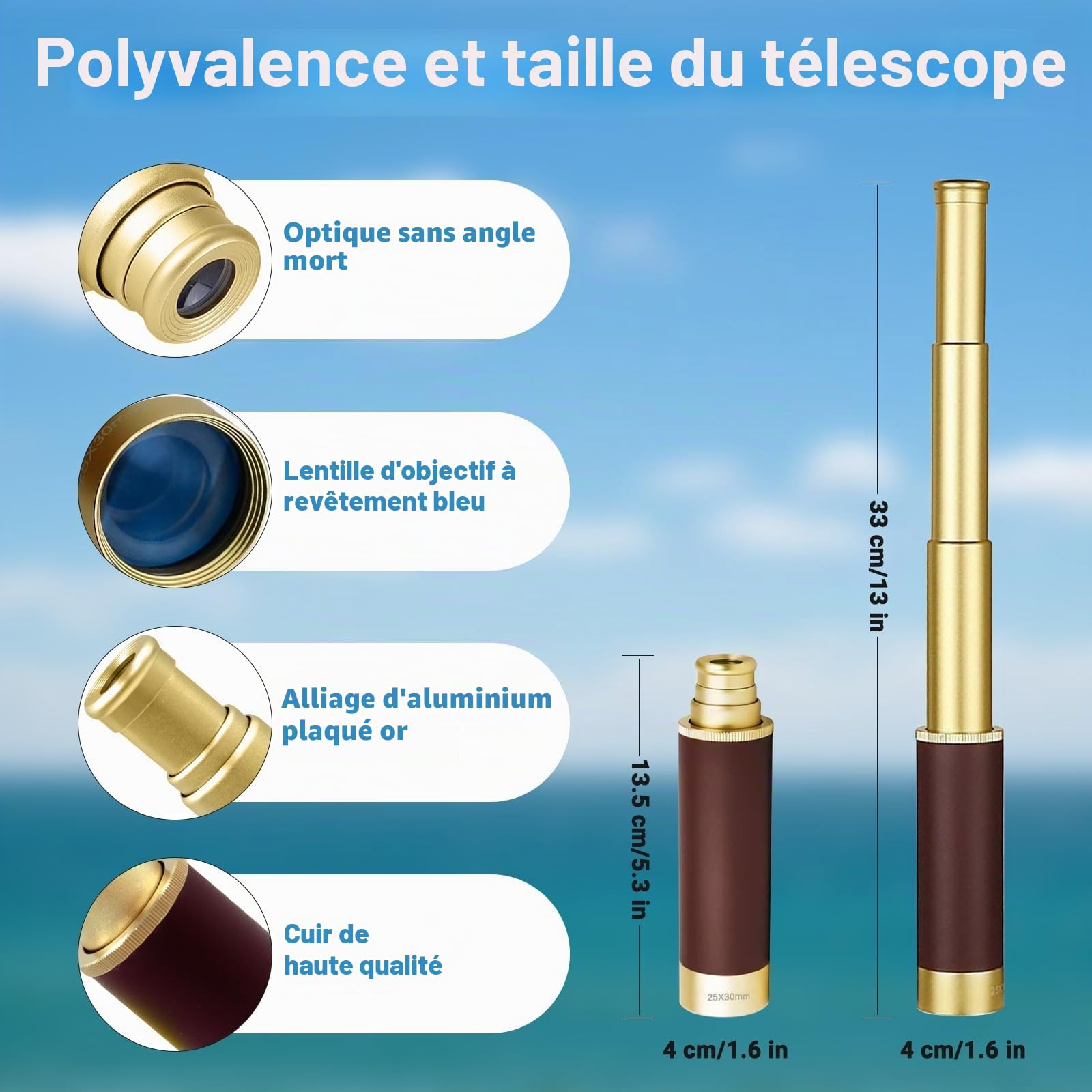 Télescope Pirate Rétro Monoculaire Zoomable 25x30 Vintage Longue Vue Enfant Lentille BAK-4 Imperméable Mini Télescope avec Boussole pour Adultes Camping Observation des Oiseaux