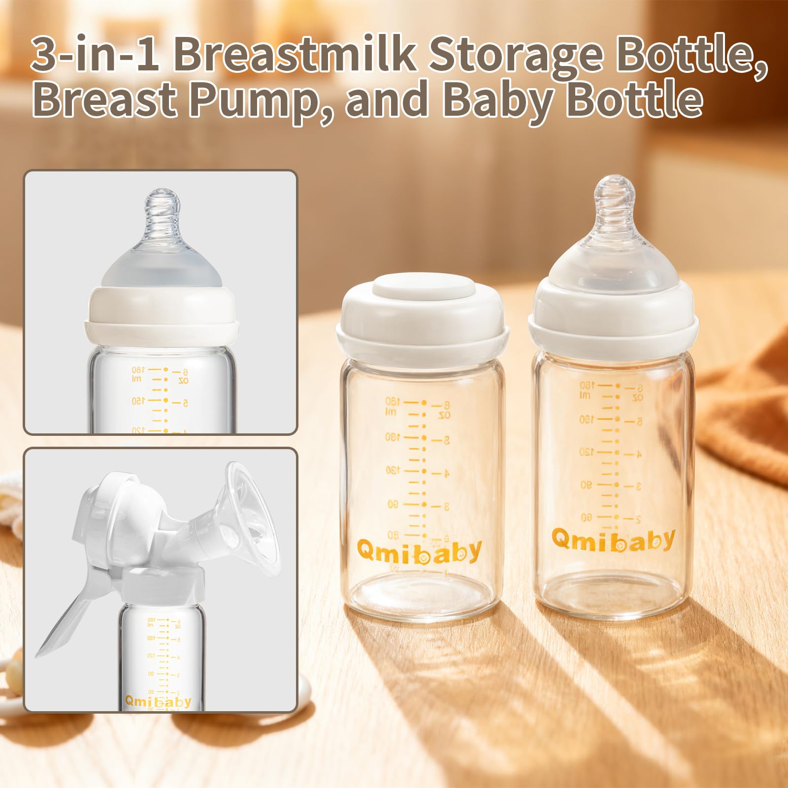 Glass Breast Milk Storage Bottles 180ml BPA-Free Natural Baby Bottle for Breastmilk Storage Wide Neck Bottles with Screw Ring Sealing Disk Leak-Proof Breastfeeding Milk Collection (White) - Image 3