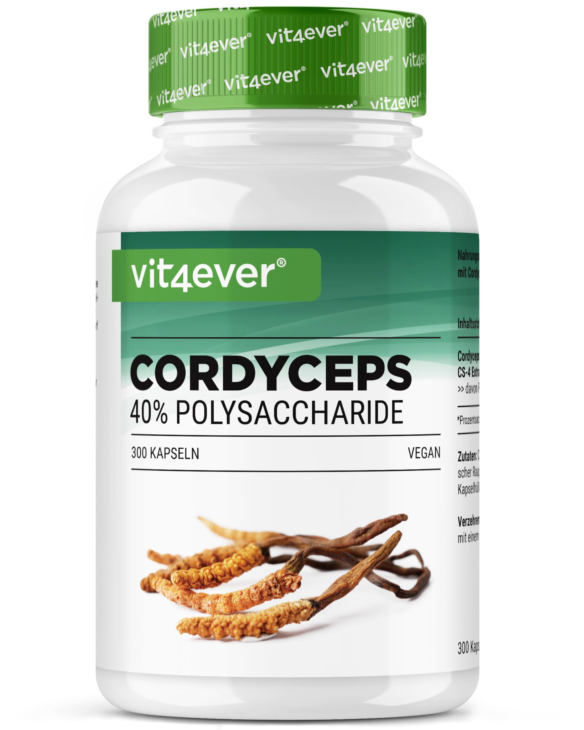 Fungo Cordyceps - 300 capsule con 650 mg di vero estratto CS-4-40% di polisaccaridi bioattivi - dose elevata - fungo bruco - vegano
