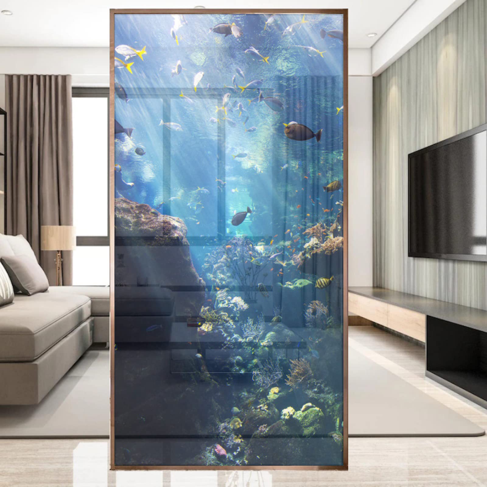 Unterwasserwelt Fensterfolie Blickdicht Sichtschutzfolie ohne Klebstoff Anti UV Sonnenschutz, Statische Fensterfolie Selbshaftend Blickdicht Für Zuhause Wohnzimmer Büro - 90X200 cm