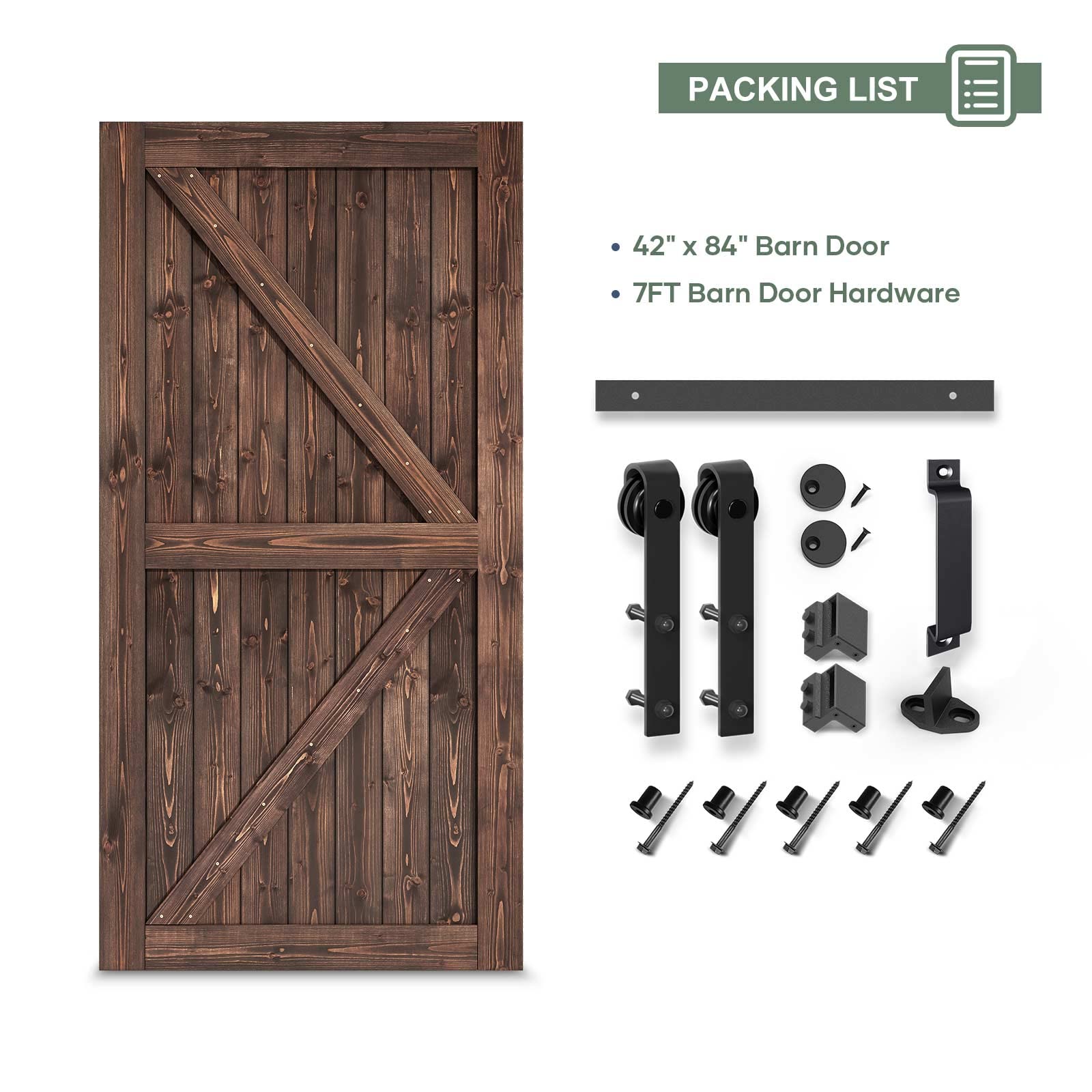 ROYMELO 42 x 84 in Sliding Barn Wood Door Slab with 7ft Hardware Kit and Handle, Coffee, K Shape, Simple DIY Assembly