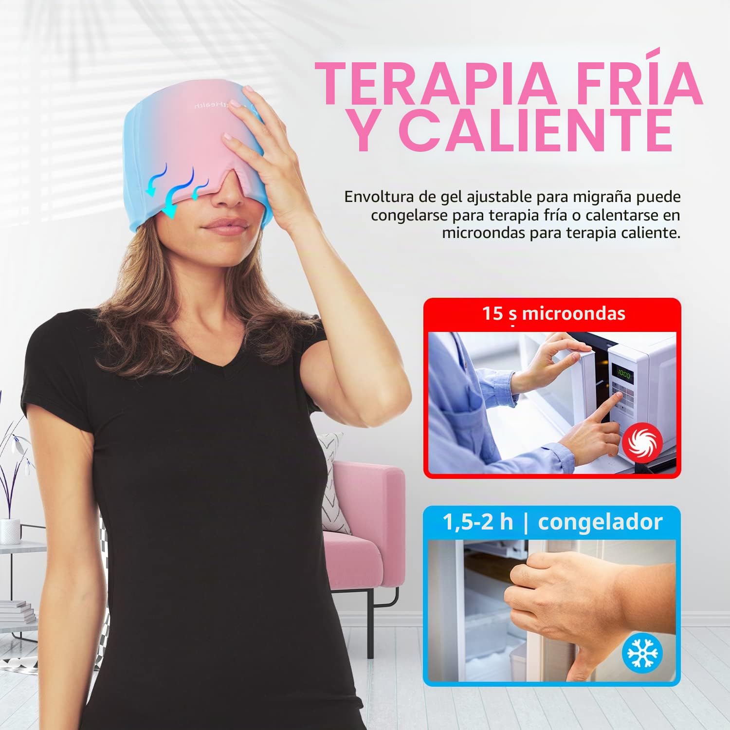 AllSett Health Alivio de la migraña, envoltura de cabeza de hielo para el dolor de cabeza y migraña, paquete de hielo de gel frío con máscara facial y de ojos para enfriar la migraña, alivio del dolor