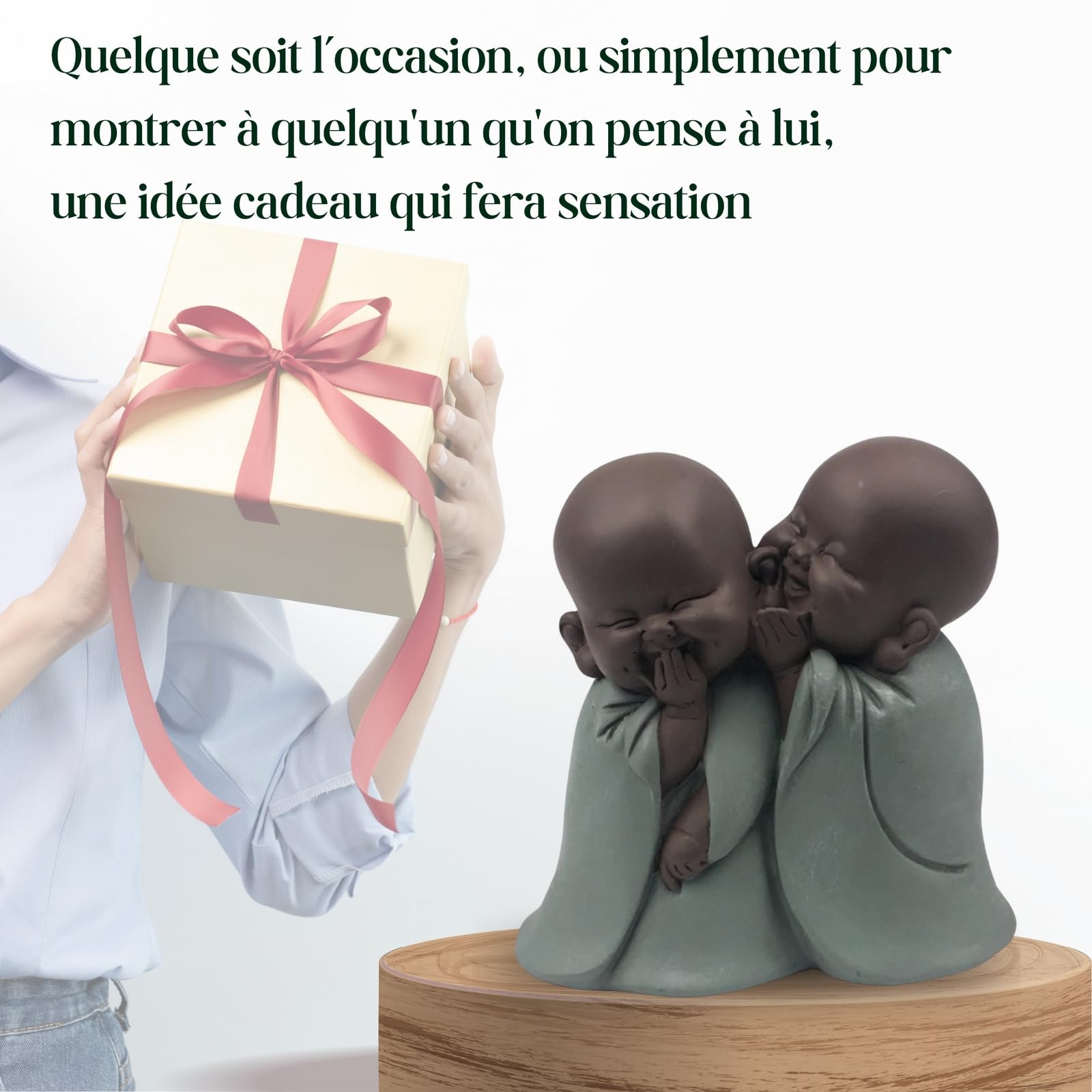 Statuetka Bonze - Uchwyt szczęścia - Dekoracja Zen i Feng Shui - aby stworzyć relaksującą i duchową atmosferę - Pomysł na prezent - wysokość: 12 cm - zielony i brązowy - Zen'Light