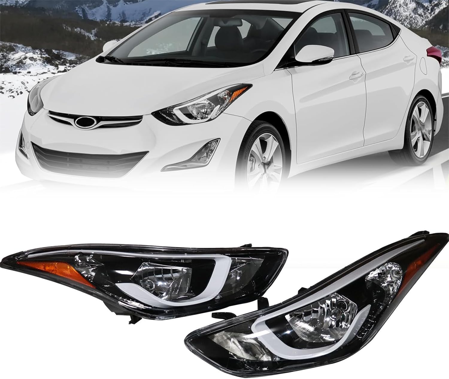 Halogen Headlight Assembly with Bulbs for 2014-2016 Hyundai Elantra Pair (Driver & Passenger Side) Direct Replacement for Factory 921013Y500 921023Y500 – OE Compatible Headlights
