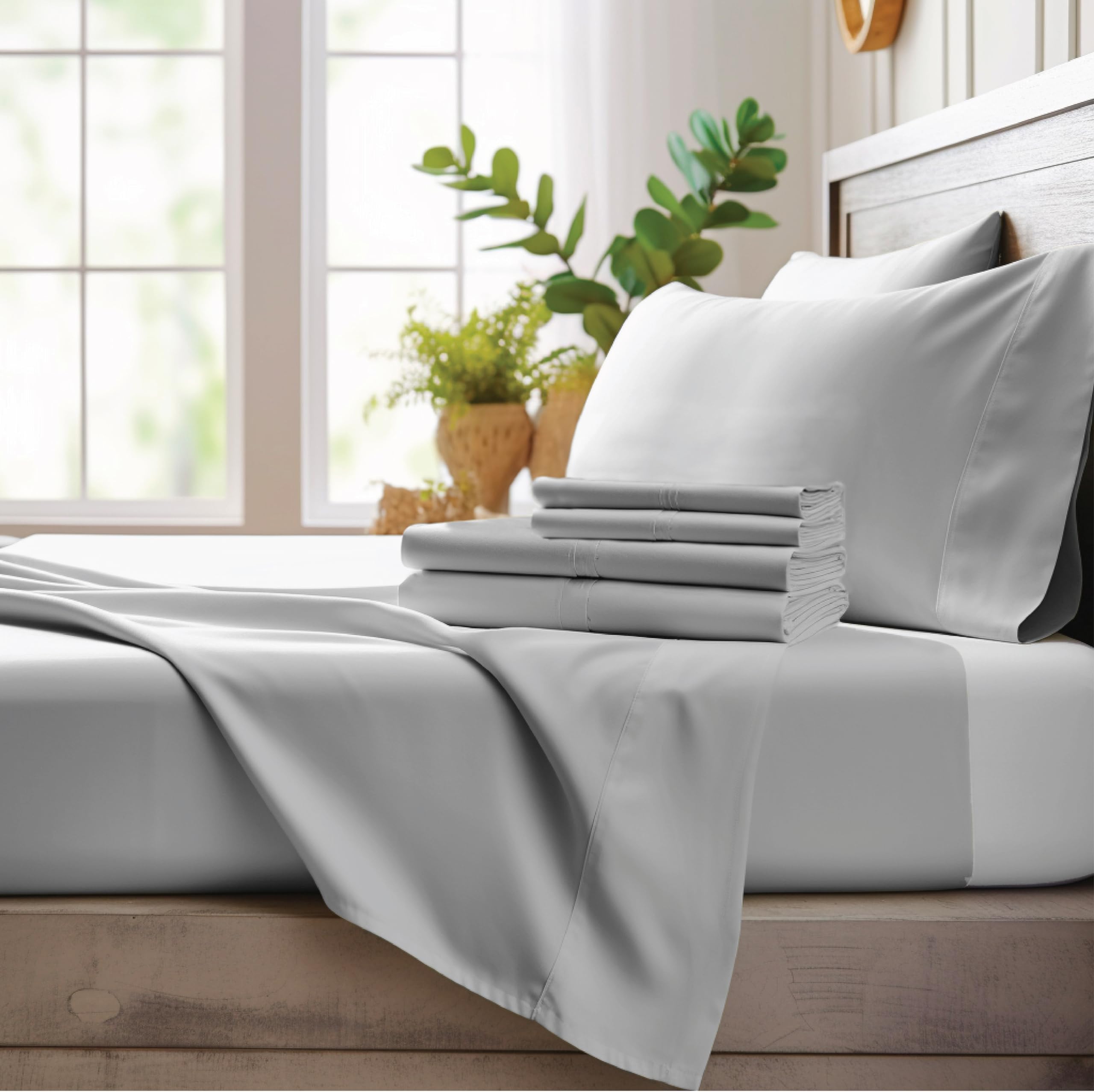 Bamboo Bay 4 Piece King Size Sheet Set, 100% Viscose Made from Bamboo, Breathable, Ultra Soft Cooling Bed Sheets for Hot Sleepers, Beddings with Deep Pockets Fit 16" Mattress, Light Grey