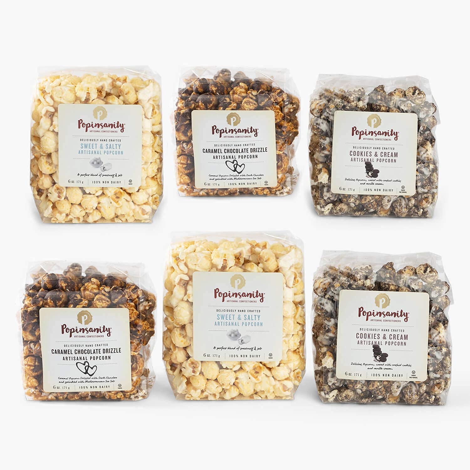 Popinsanity Gourmet Popcorn Deluxe Bag | Non-GMO & Dairy Free - Holiday, Thanksgiving, Corporate, Snacks, Office snacks, Get Well or Birthday Gift (3 Insanely Delicious Popcorn Flavors, 6 Pack)