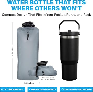 Vapur Flexible, Collapsible Wide Mouth Anti-Bottle with Detachable Carabiner, 34 Ounce, Graphite Grey, Pack of 1