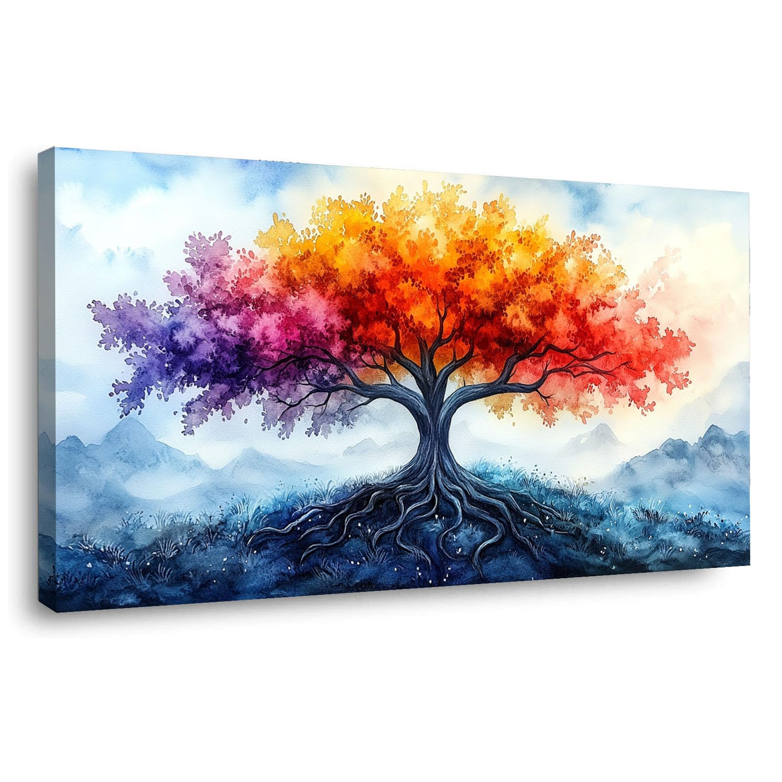 TERUEA Vintage Blumenkunst Poster, Farbverlauf Baum Aquarell Berg Kunst Leinwand Wanddekoration für Wohnzimmer, Schlafzimmer, Badezimmer, Büro, Flur, Küche, geeignet(Multi)-40x80cm1 Gerahmt