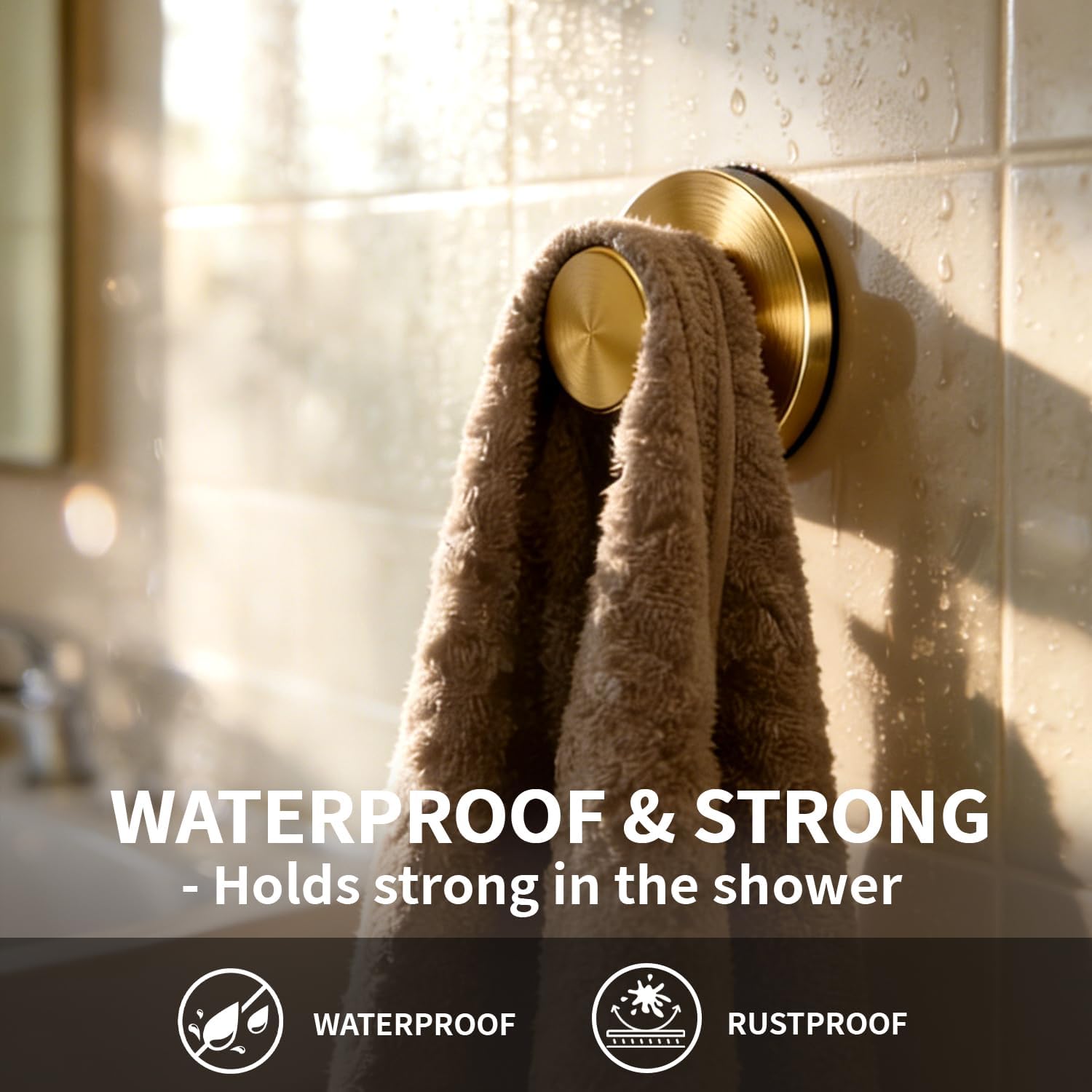 2026 Upgraded Suction Cup Hooks for Shower - Heavy Duty Matte Gold Bathroom Hooks for Glass Door, 2 Pack No Drill & No Damage Waterproof Hooks for Tile, Rustproof for Towels & Door Wreaths