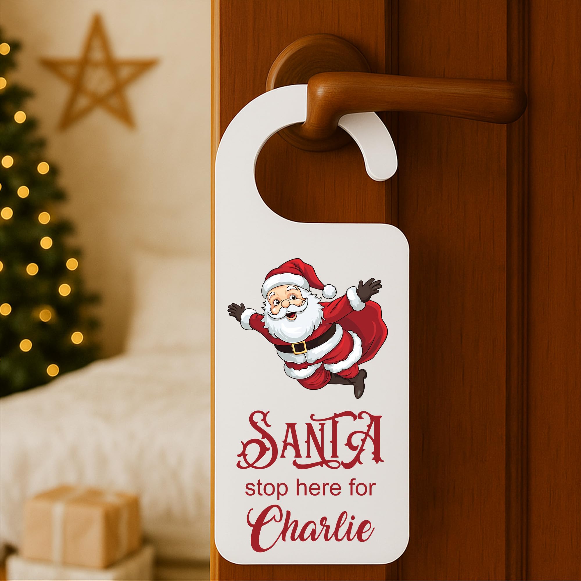 KreateSquare Personalised "Santa Please Stop Here" Door Hanger, Custom Name Christmas Sign for Kids & Families, Festive Christmas Eve Door Decoration, Wooden, White & Clear Acrylic Unique Gift UK