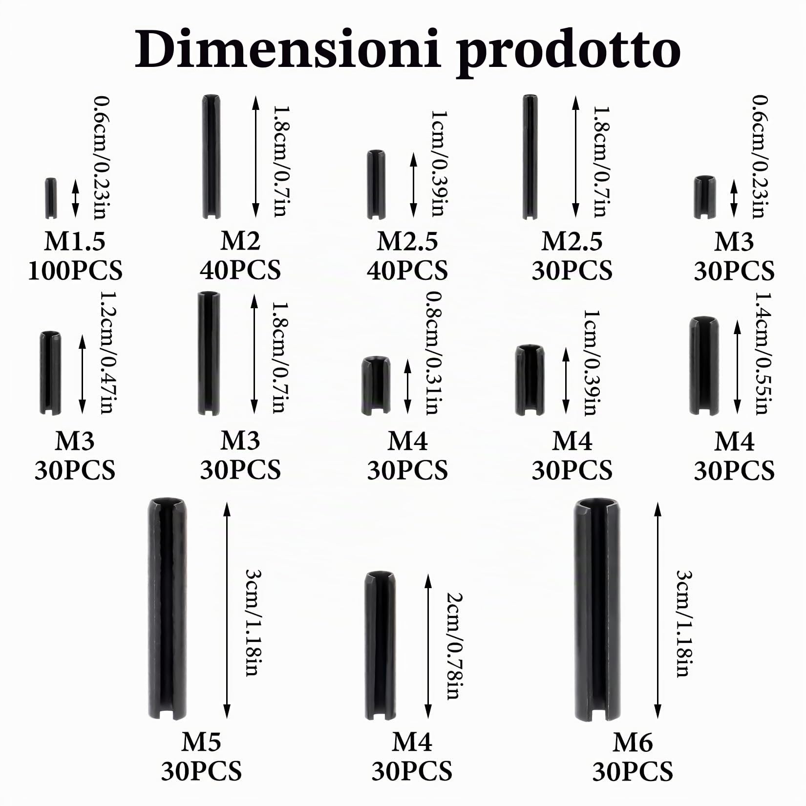 Spine Elastiche Perno di Tensione a Molla Diviso con Intaglio Perni a Rullo di Bloccaggio Split Scanalati Goupille di Sicurezza M1.5-M6 480 Pz