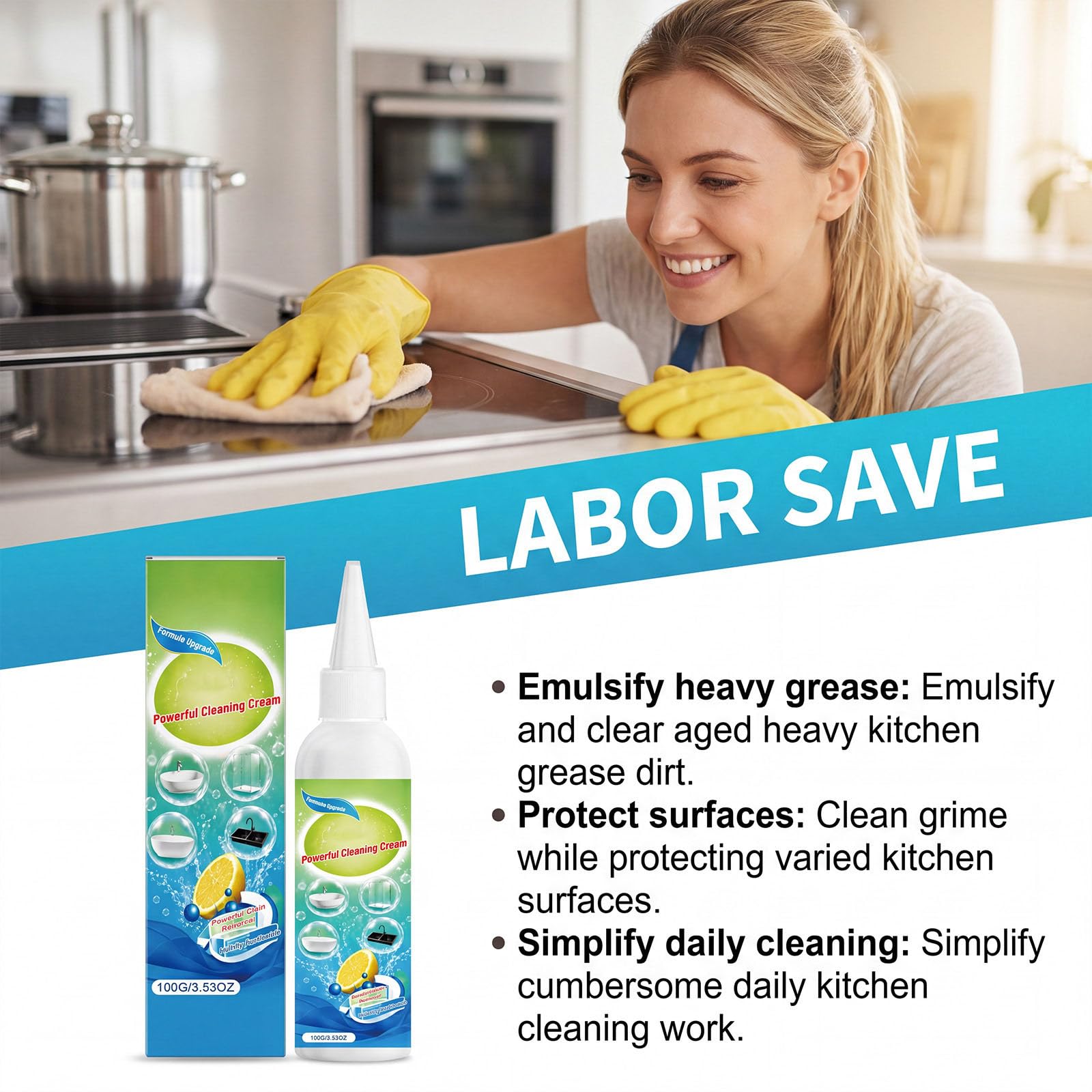Limpiador de cocina y desengrasante para cocina, horno, campana extractora y freidora de aire caliente, crema limpiadora altamente eficaz para eliminar manchas de aceite en diferentes superficies, 100