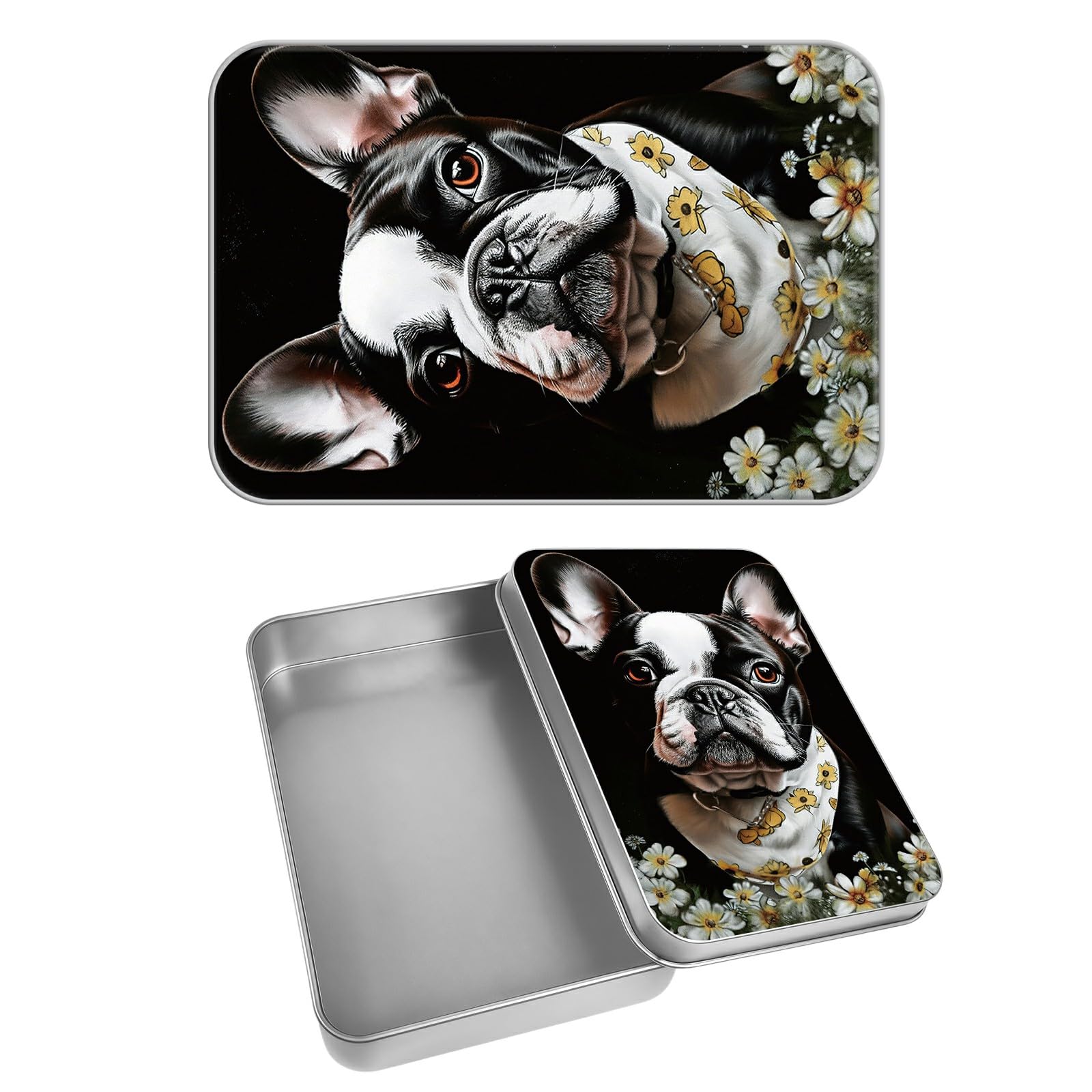 Rectangular Metal Tin Box with Removable Lid, Bulldog Decorative Printed Metal Storage Container for Cards, Diaries, Home Organization 4.53 x 3.35 x 0.86 inch– Single Pack