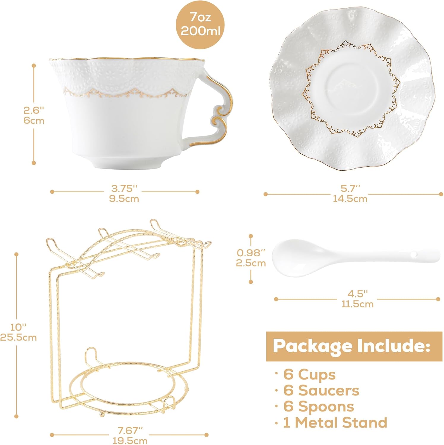 DUJUST Tea Cups and Saucers with Golden Trim,Set of 6 (7 OZ), Luxury Relief Printing Coffee Cups with Metal Stand, British Royal Porcelain Tea Party Set - White