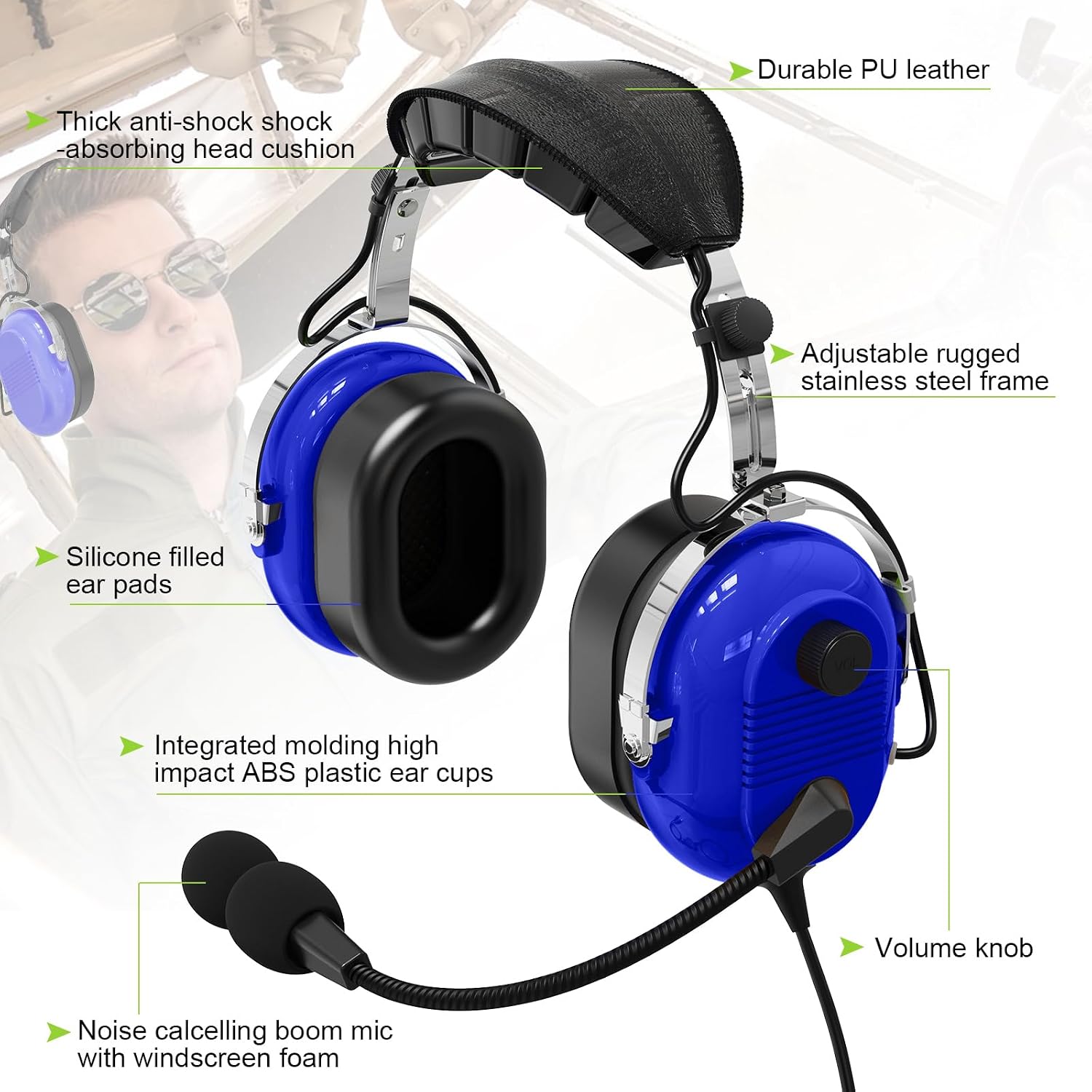 PNR General Aviation Headsets for Flight School Student, Dual GA Plug, Passive Noise Cancelling Aviation Headphones for Pilots, Mono and Stereo (Blue)