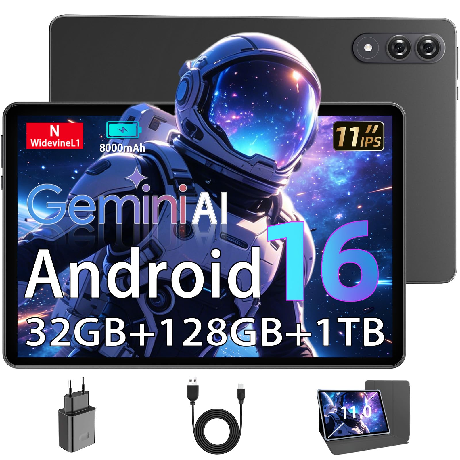 Tablet 11 Zoll, Tablet Android 16 mit Hülle, 32 GB RAM (8 + 24) 128 GB ROM, T7250 Octa-Core, 1 TB Erweiterbar, 1920 x 1200 IPS HD Bildschirm, 5G WiFi, 8000 mAh, Dual-Kamera 5 MP + 8 MP, Widevine L1