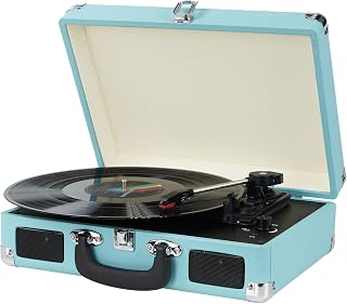 Kedok Vintage Suitcase Vinyl Record Player - 3-Speed Portable Turntable with Built-in Stereo Speakers, RCA/Aux/Headphone Jacks, Blue
