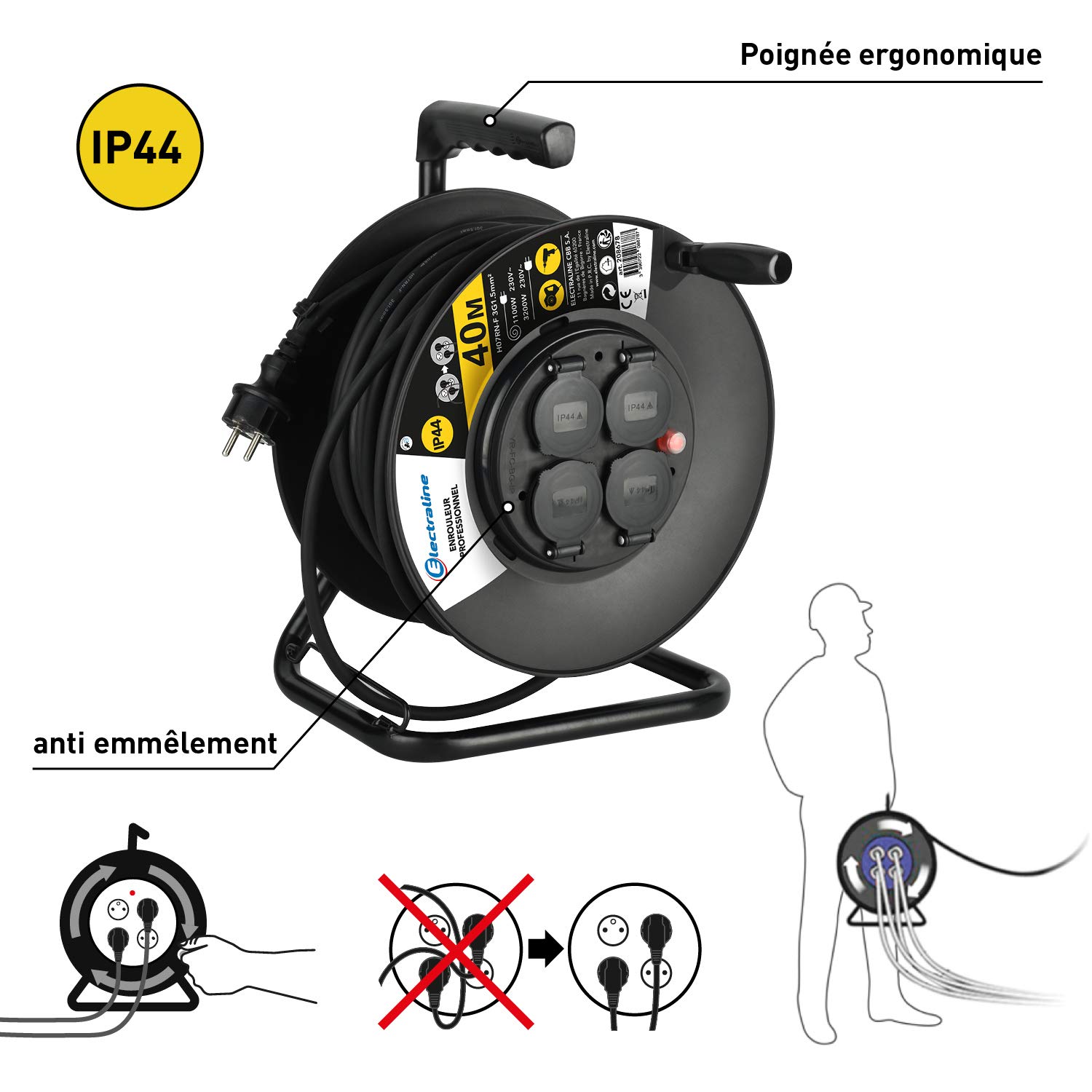 Electraline 20868129D - Prolunga elettrica IP44, 40 m, con avvolgicavo, sezione 3G2,5 mm2, colore: Nero, 208678