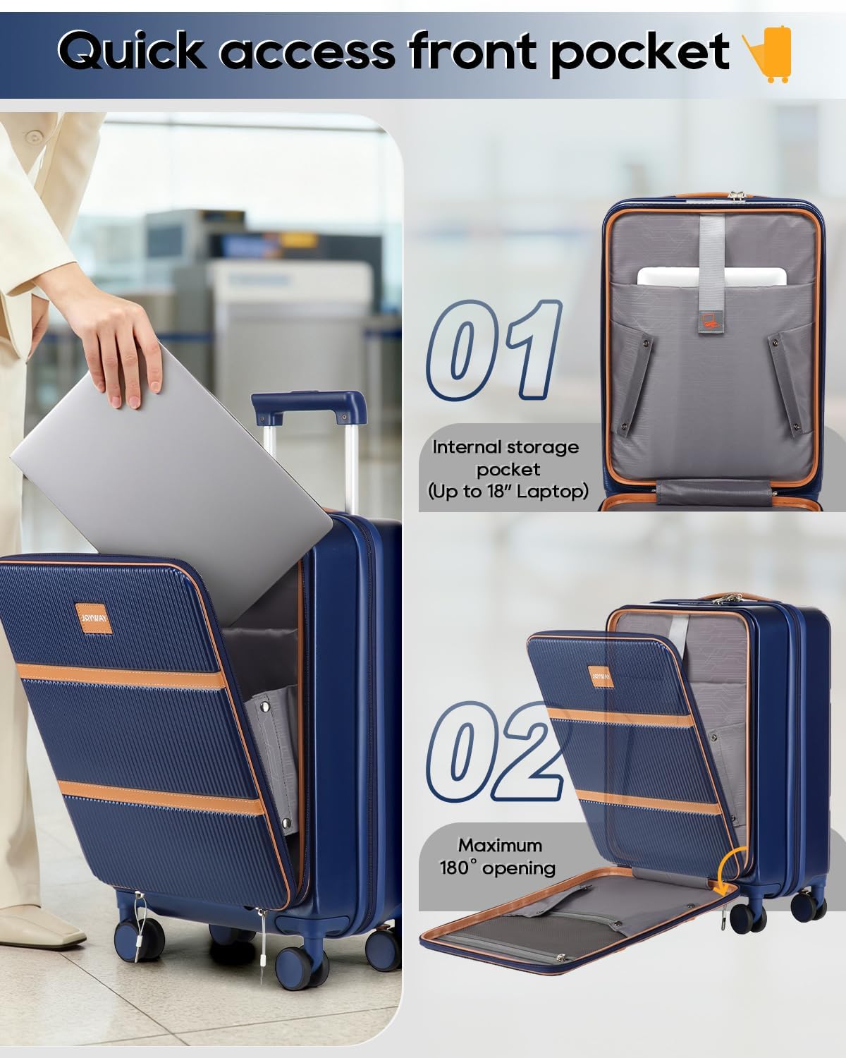 joyway carry on luggage blue open interior showing compartments for packing cubes and garment bag
