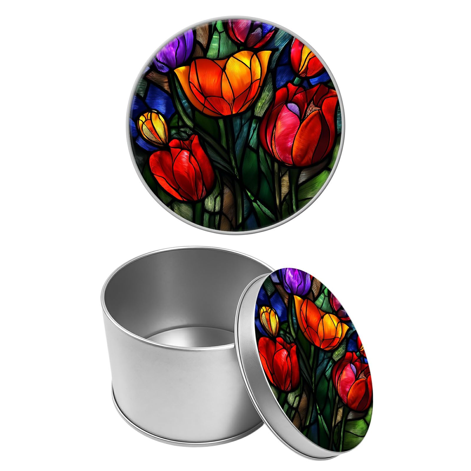 Round Metal Tin Container with Removable Lid, Glass Tulips Durable Metal Storage Box for Cookies Spices Tea Candies Cakes Jewelry Cosmetics 3.54 x 2.36 inch– Single Pack
