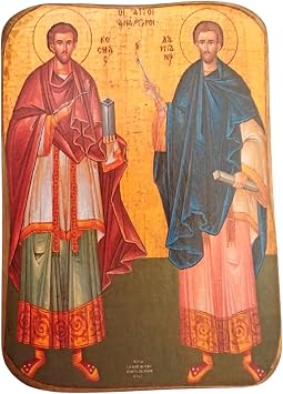Wooden Greek Christian Orthodox Wood Icon of Saint Unmercenaries - Saint Kosmas and Saint Damianos / A0