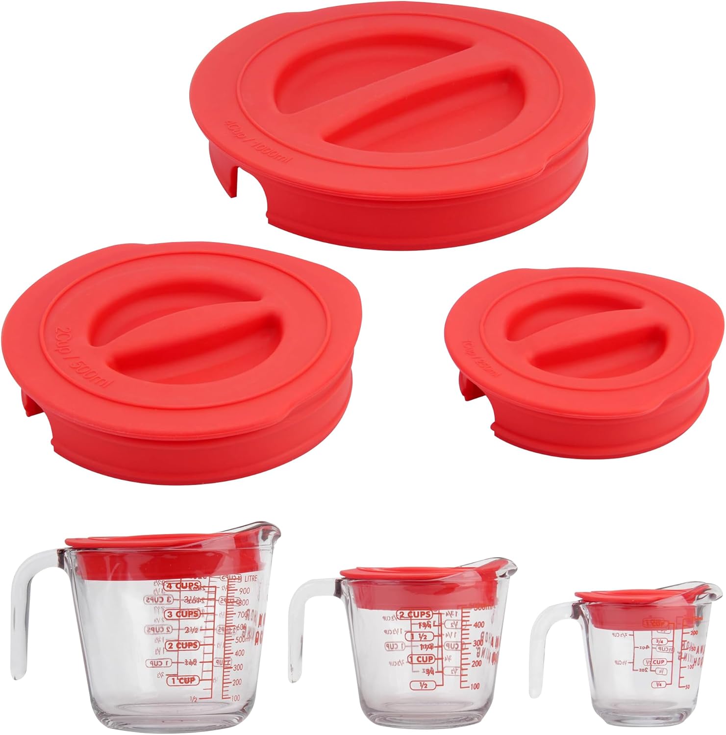 Silicone Lids Set Replacement Fit for Anchor Hocking Glass Measuring Cups, 1-Cup 2-Cup 4-Cup Set, Red, with Pour Spout and Handle
