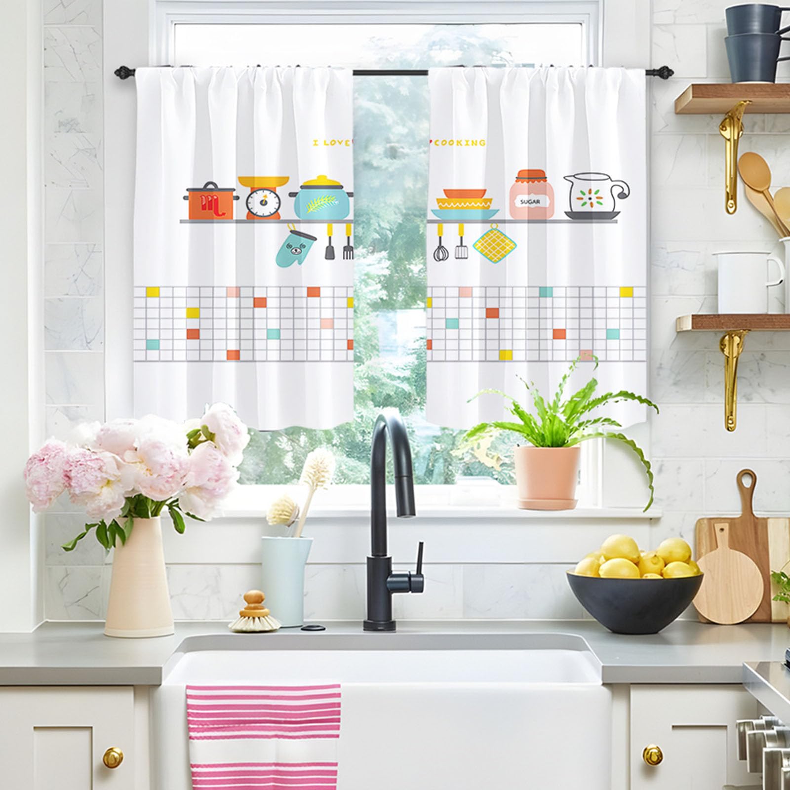 Highdi 2 Piezas 3D Cortinas Cortas para Cocina Media Ventana Cortinas de Pequeñas Modernas para Debajo del Fregadero, para El Lavadero del Armario Dormitorio (Blanco,W80xL100cm)