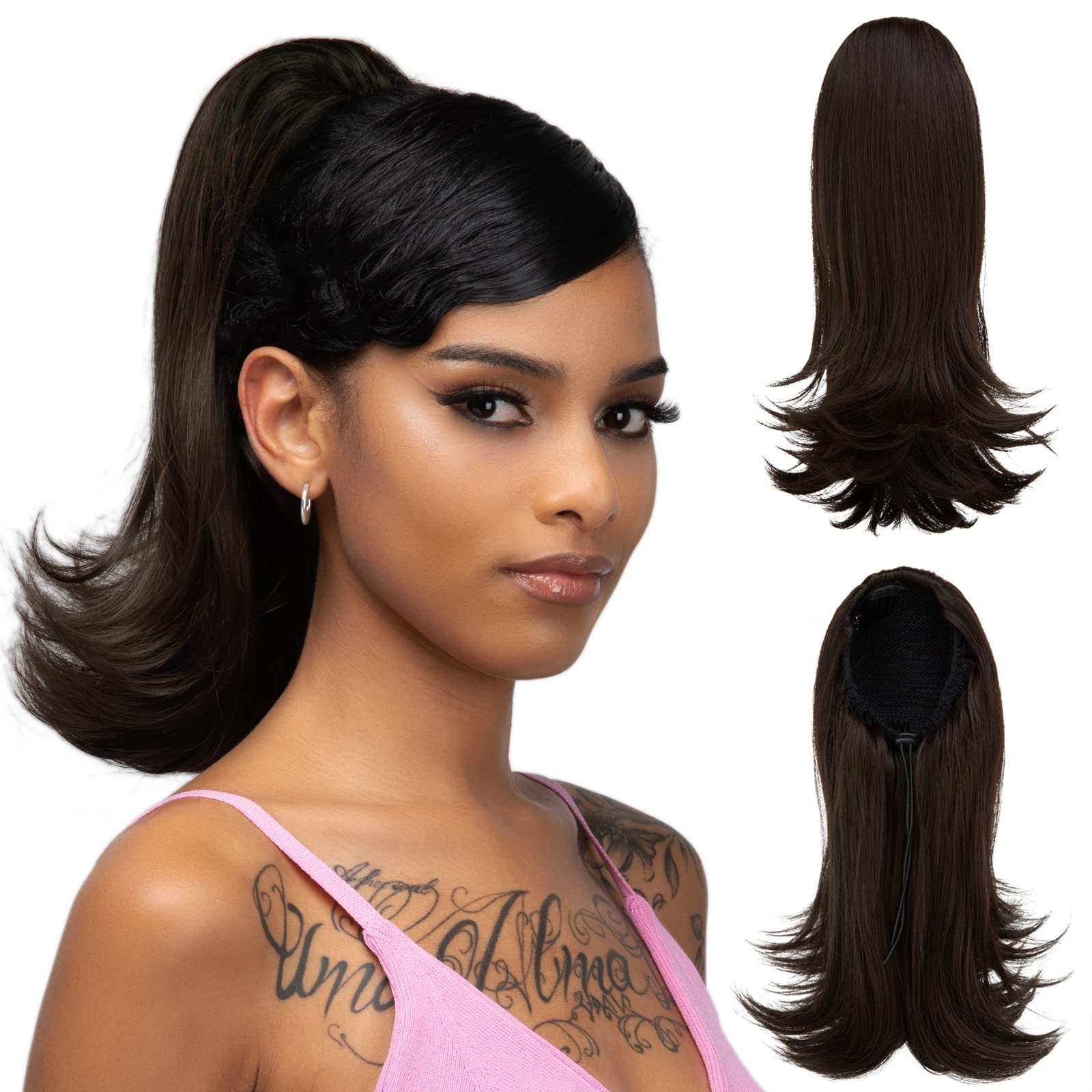 YUMOREAL Short Drawstring Ponytail Hair Extension for Black Women 14 Inch Straight Ponytail with End Curls Synthetic Fake Hairpieces Black Brown