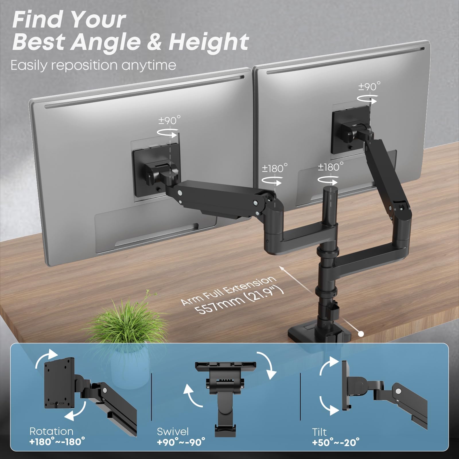 PUTORSEN 17-49 inch Premium Aluminum Heavy Duty Dual Monitor Arm for Ultrawide Screens up to 44lbs, Vertical Stacked Dual Monitor Desk Mount, Full Motion Dual Vertical Monitor Mount, VESA 75/100,Black