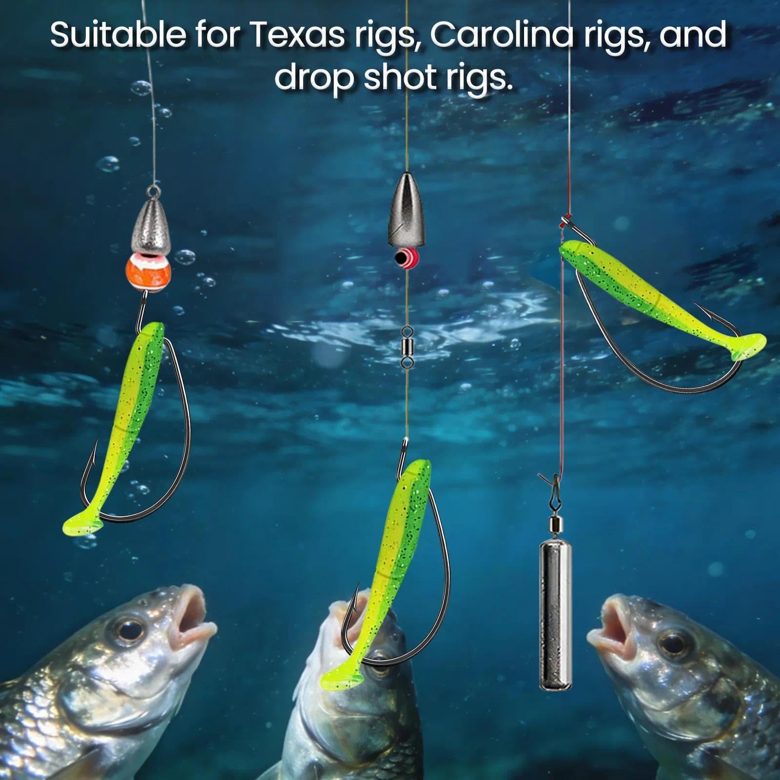 50/100 anzuelos de pesca EWG, anzuelos de pesca de lubina, gancho de gusano de compensación, anzuelos de aparejo de Texas anzuelos de pesca de cebo vivo para agua dulce y salada, tamaño 4, 2, 1, 1/0,