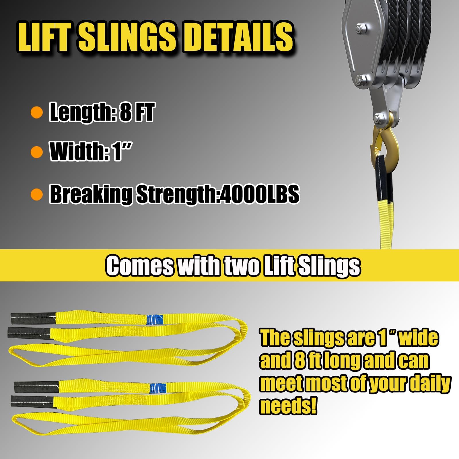 FITHOIST Block and Tackle 4400LBS Breaking Strength Heavy Duty Pulley, 65 Ft Rope Pulley, 7:1 Lifting Power Pulley System, Pulley Hoist with 2 Pcs 8 Ft Lift Sling(Black)