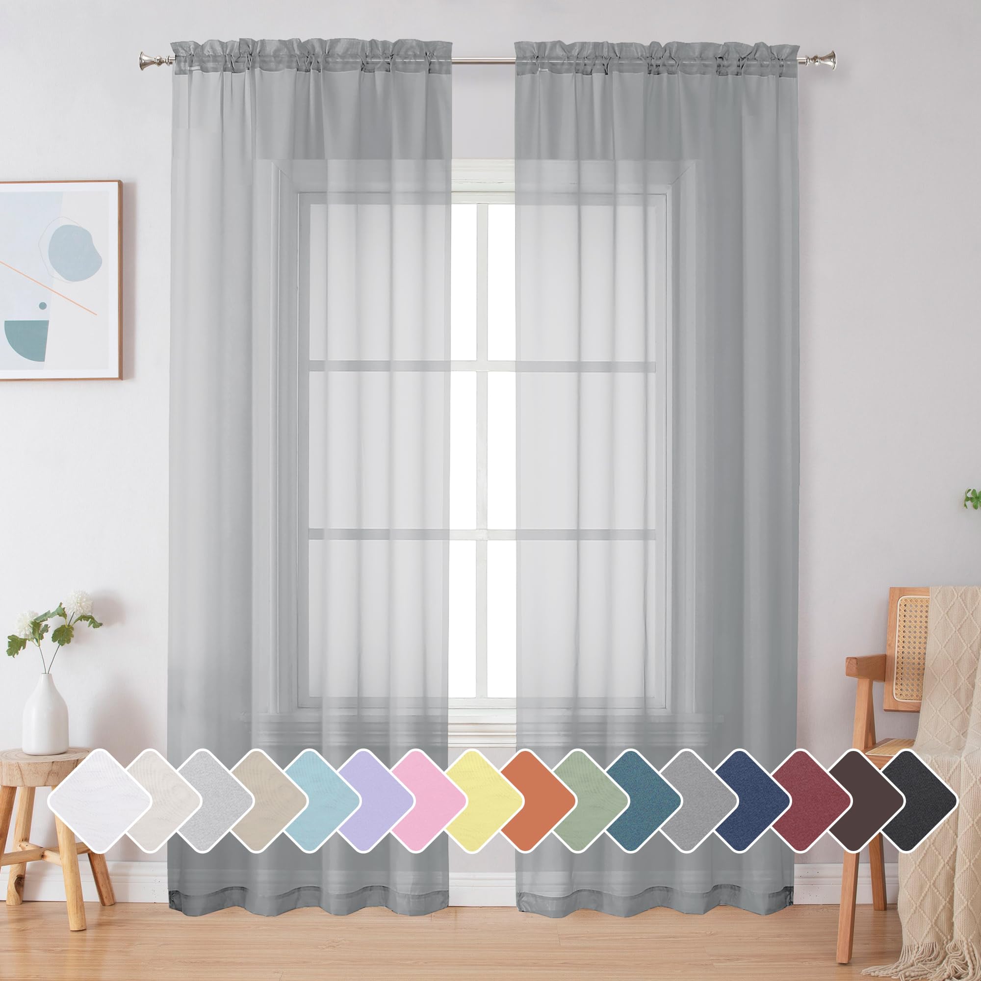 Simplebrand Light Grey Sheer Curtains 84 Inches Long 2 Panels for Bedroom
