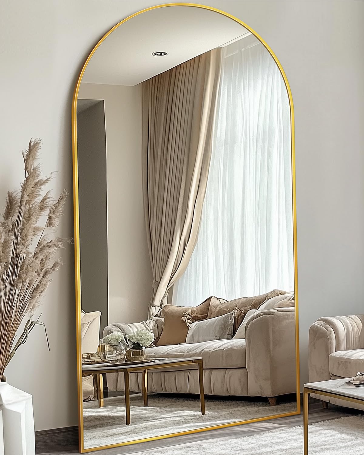 Full Length Mirror, 41"x81" Arched Floor Mirror Freestanding, Oversized Floor Standing Mirror Full Body Mirror with Stand for Bedroom, Hanging Mounted Mirror for Living Room Cloakroom, Gold