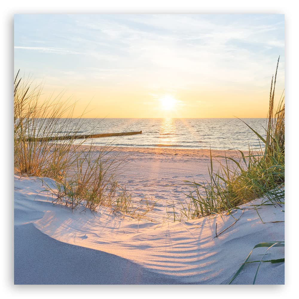 Feeby Vlies Leinwandbild Gras Steg zum Strand Sonnenuntergang 60x60 cm Druckbild Wandbild Wanddekoration Deko Wand Aesthetic Ostsee Nordsee Beige