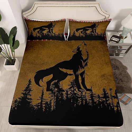 Miniatura 3 de Erosebridal Juego de sábanas de tamaño King de lobo de animales marrones, juego de cama rústico de cabaña vintage, sábana bajera ajustable teñida