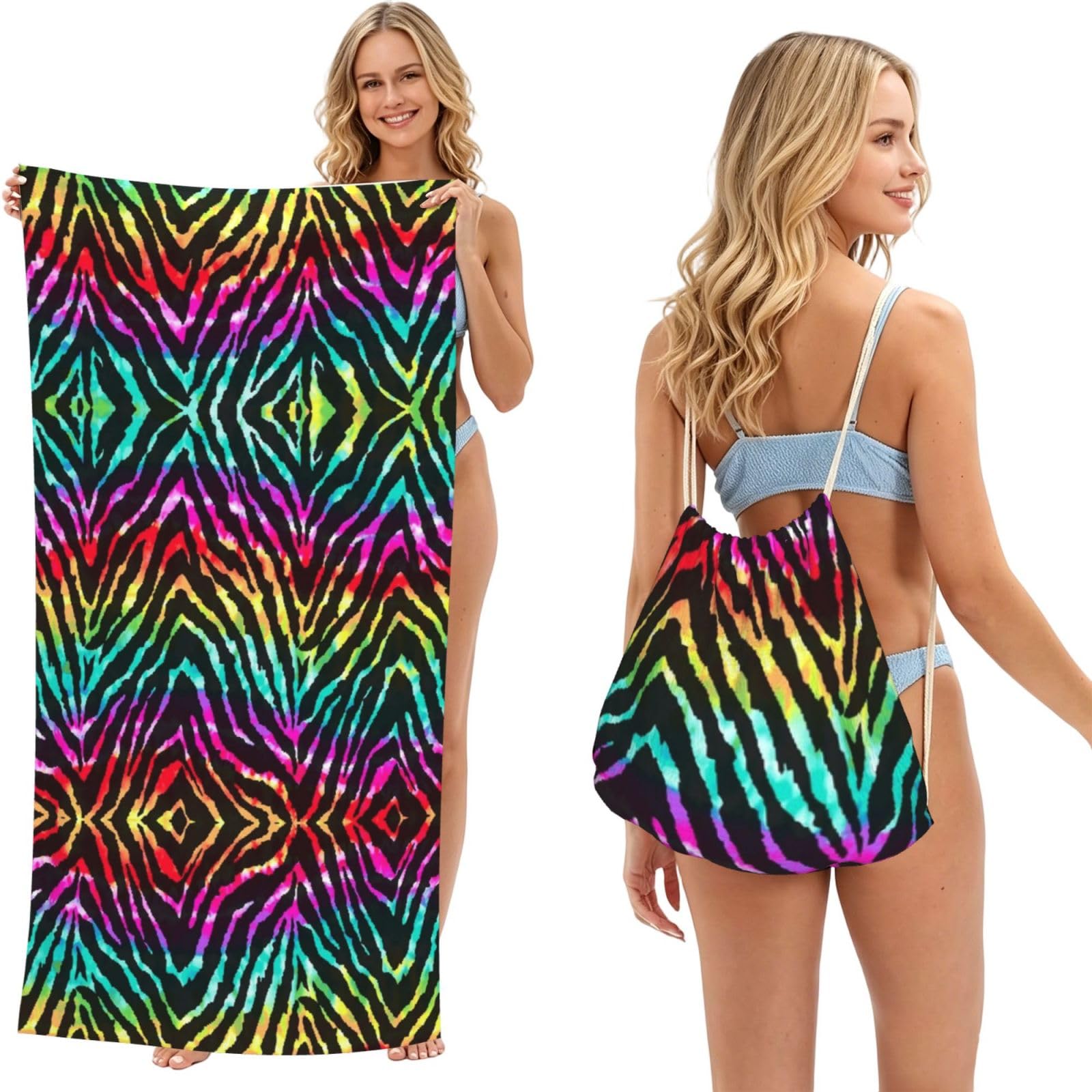 EZDLOWVBA Colorful Rainbow Zebra Print Beach Towel Backpack 2 In 1 Summer Large Lightweight Beach Towel - Multifunctional Ship Pattern Towel Bag For Storage,Sport