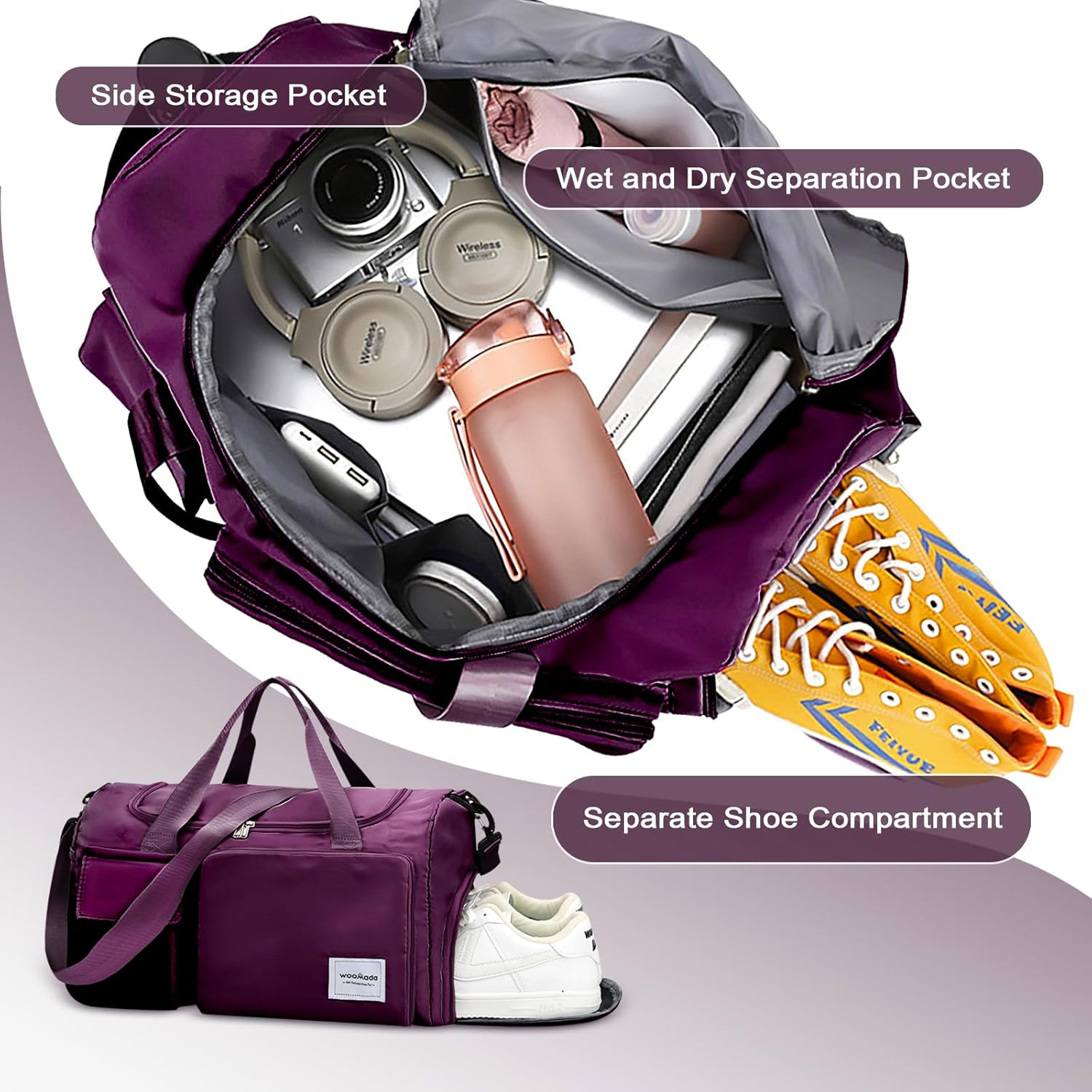 WOOMADA Foldable Travel Duffel Bag with Shoes Compartment, Overnight Bag with Wet Pocket & Trolley Sleeve, Weekender Bags for Women (purple) - Image 5
