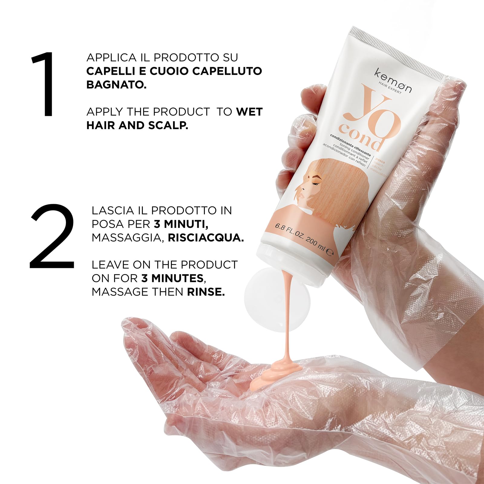 Kemon Yo Cond Pesca - Maschera Riflessante Professionale con Formula YoVeg e Velian Complex, Nutre e Illumina i Capelli in 3 Minuti, 88% Ingredienti Naturali, 200 ml