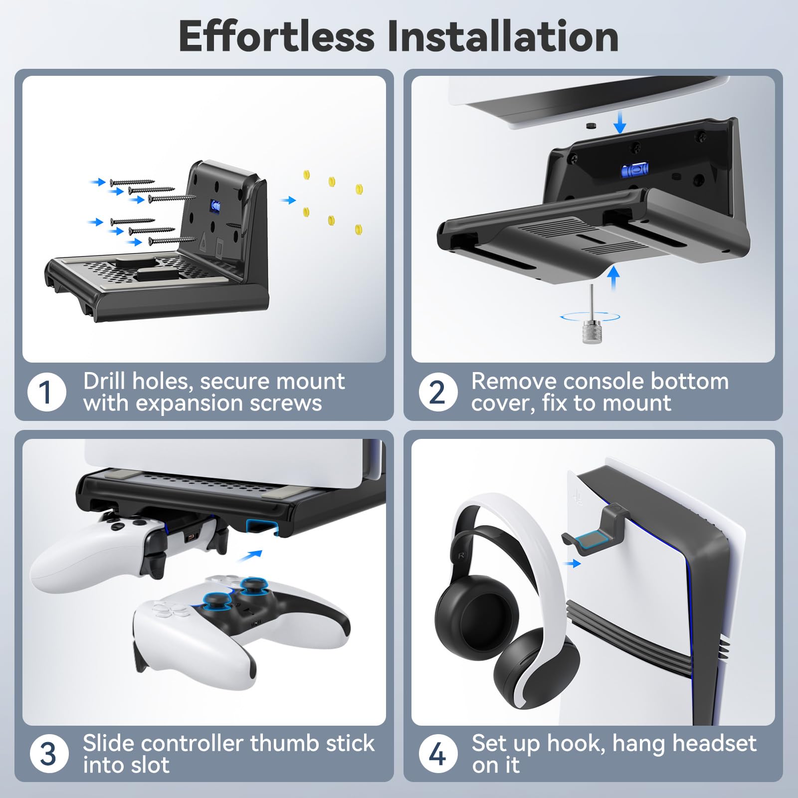 Supporto Parete PS5 per PS5/Slim/Pro Disc & Digital, Supporto Verticale PS5 Può Ospitare due Controller P5, Supporto Playstation 5 da Muro e Kit di Accessori, Base PS5 con Gancio per Cuffie (Nero)