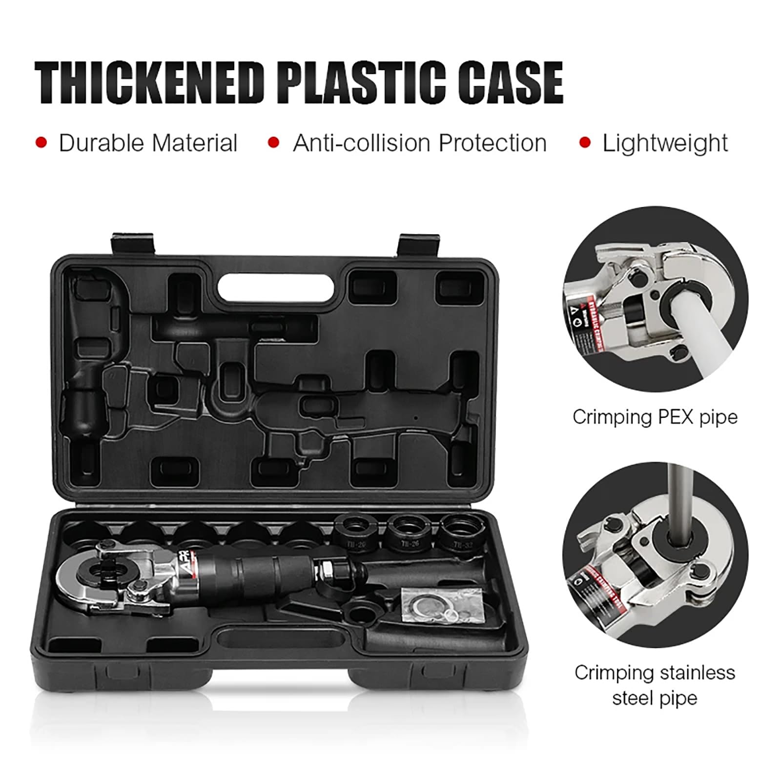 Pinza crimpatrice idraulica per tubi con connettore Quick-Lock e custodia per collegamenti portatili