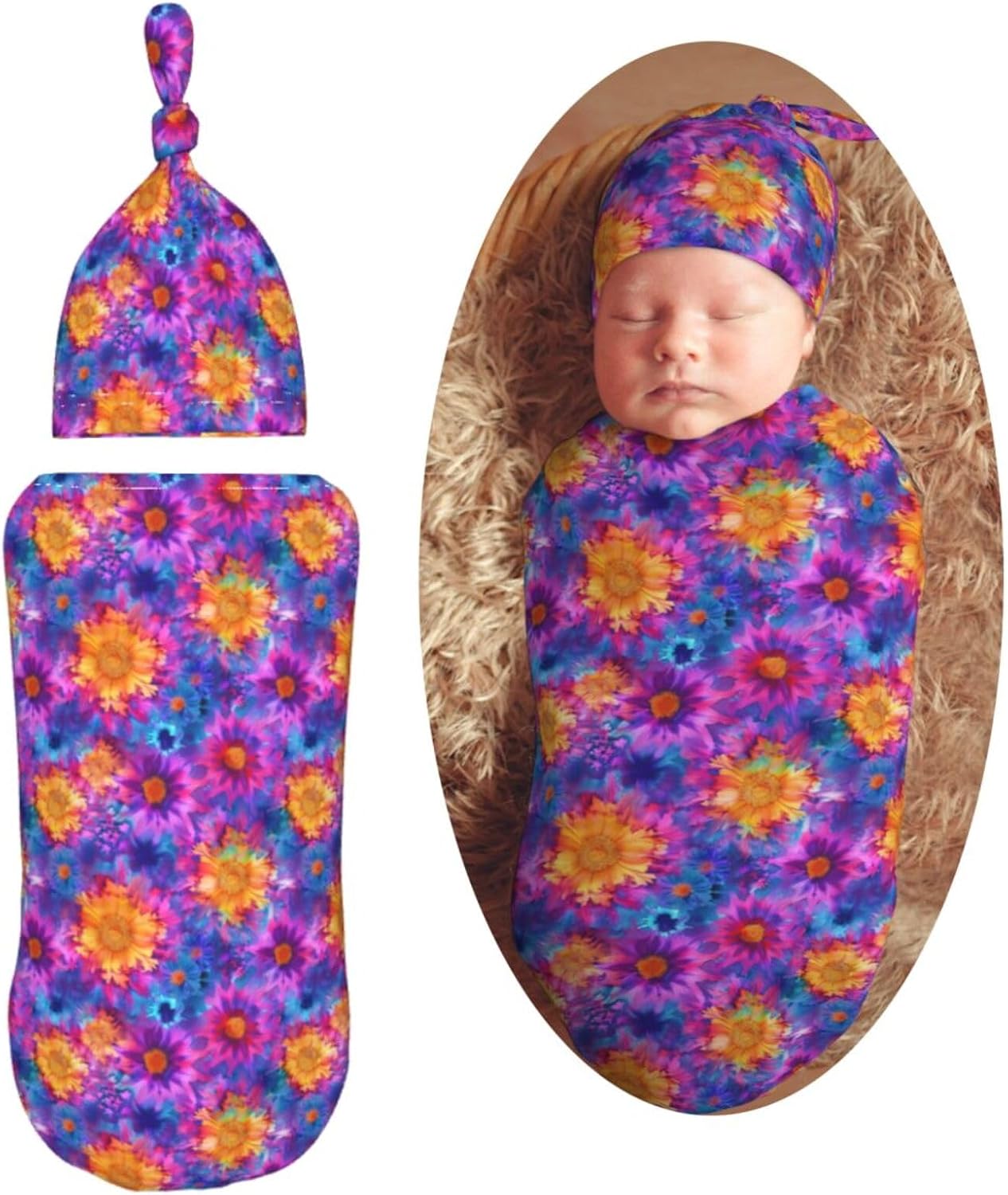 Colorful Tie Dye Flowers Newborn Swaddle Blankets Hat Sets Soft Baby Receiving Blanket Swaddle Sack for Baby Shower Infant Boy Girl Gift