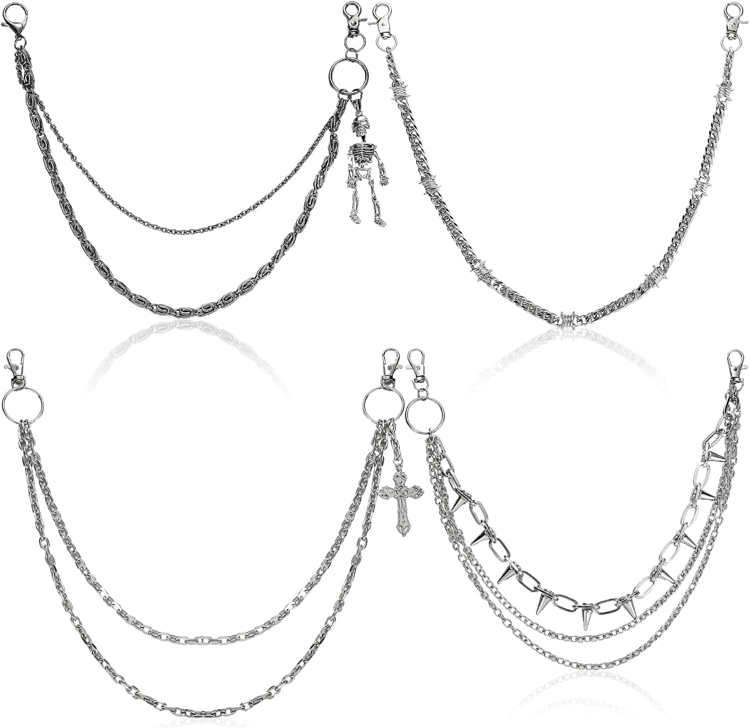 Quelay 4 Pcs Punk Layered Pants Chain for Women Men Silver Goth Hip Hop Skull Biker Cross Skeleton Wallet Jeans Pocket Chain Belt Decor Accessories