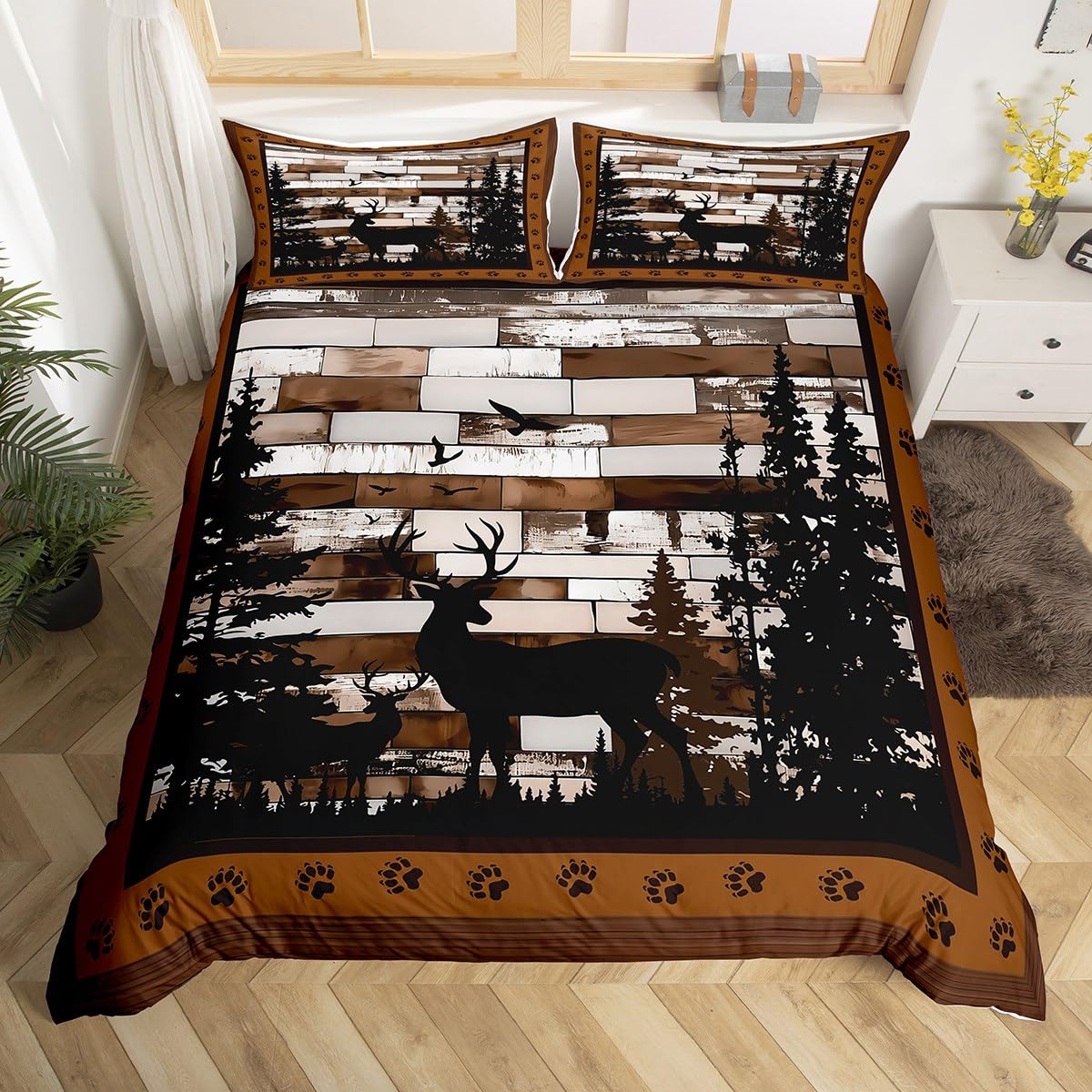 jejeloiu Rustic Deer Bedding Set Wild Animals Hunt Duvet Cover for Kids Boys Girls Brown Wooden Comforter Cover Paw Print Bedspread Cover Bedroom Collection 2Pcs Toddler Size,No Comforter