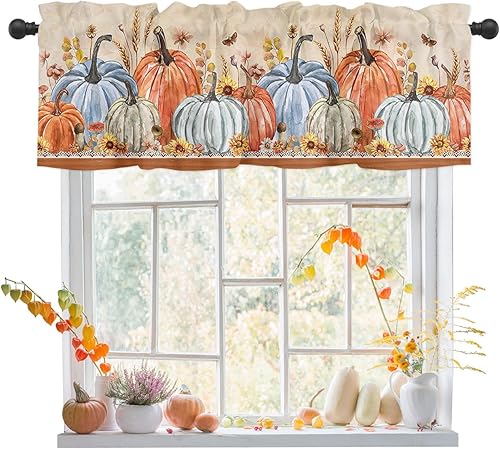 Curtain Valance for Window Kitchen Decor, Vintage Fall Blue White Pumpkin Leaves Butterfly 54" x 18" Window Treatment Curtains Topper Rod Pocket
