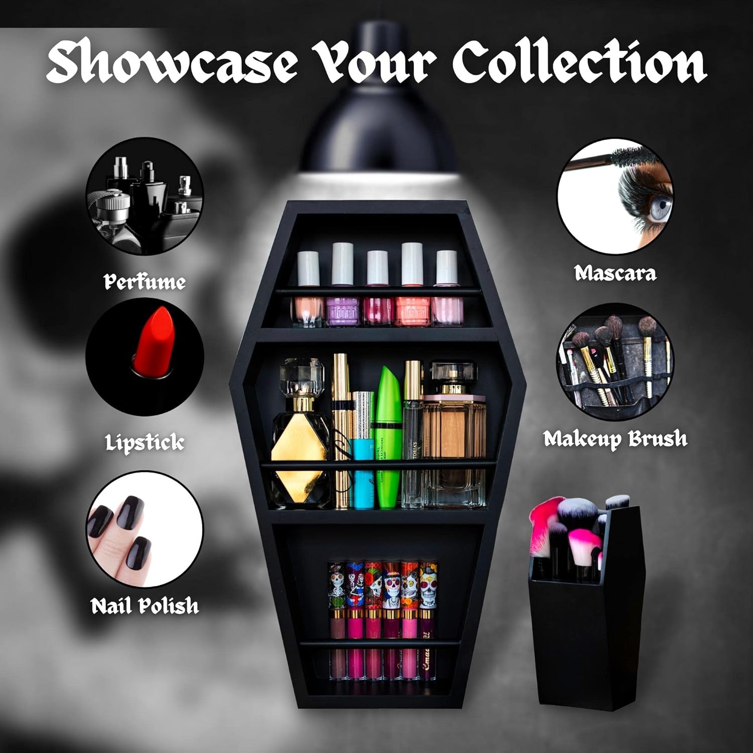 EpicGifts Goth Makeup Shelf - 3 Shelf Standing or Floating Wall Coffin, Makeup Brush Holder (Black)