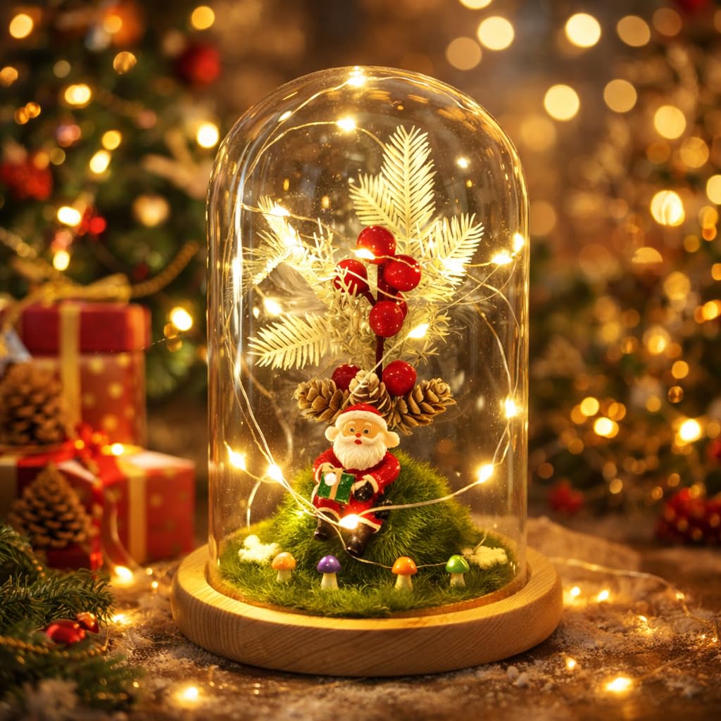 LED Christmas Glass Dome Ornament with Wooden Base – Light-Up Festive Decoration with Santa Figurine & Warm Fairy Lights – Battery Operated Xmas Tabletop Décor (3×AAA Not Included)
