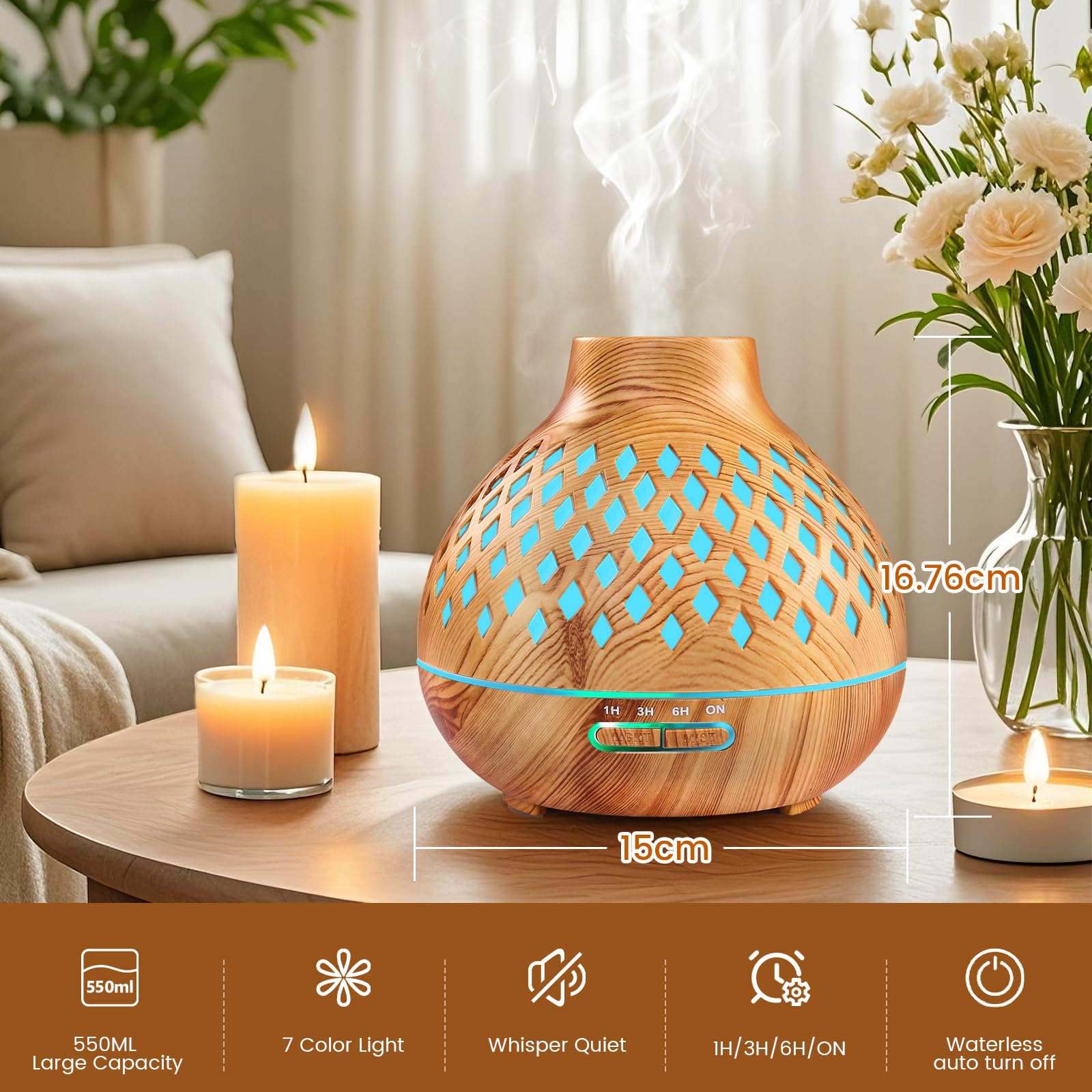 AESHORY Diffuseur d'huiles Essentielles 550ML, Diffuseur de Parfum avec 12x5ML Huiles Essentielles, Humidificateur Ultrasonique avec 7 Couleurs Lumières LED, Arrêt Automatique, pour Maison, Yoga, Spa