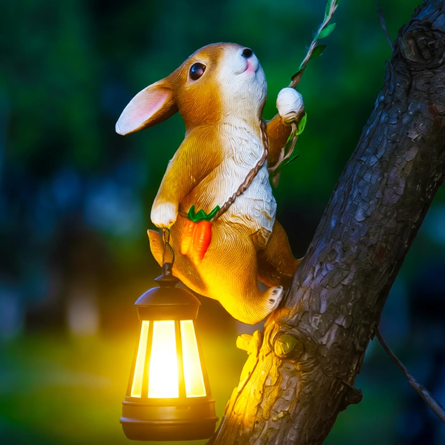 LumiGlow Hanging Solar Light Rabbit Climbing with Lantern, Waterproof Resin Easter Bunny Statue with Hook, Outdoor Decor for Yard Garden Wall Balcony Tree Decoration