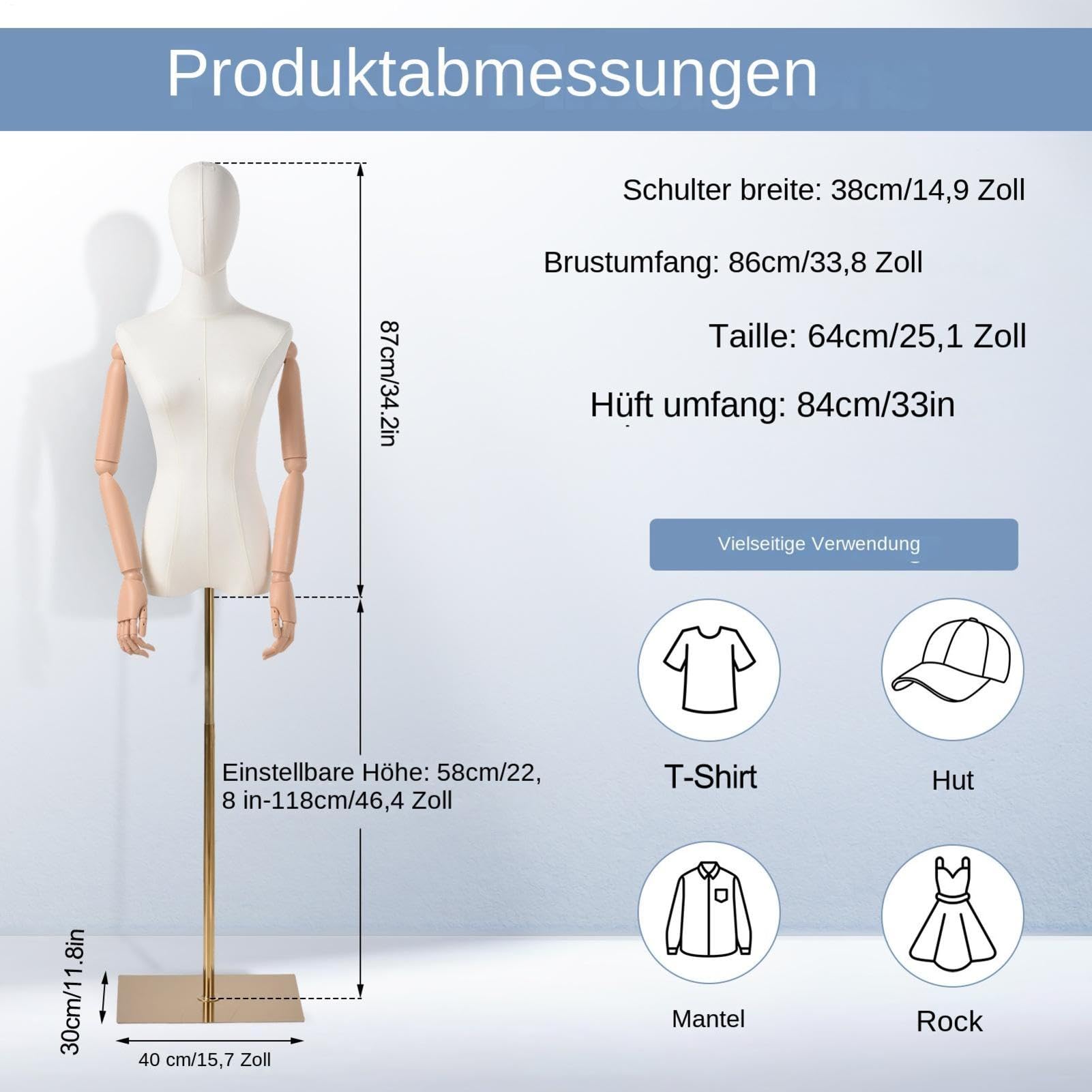 Mannequin de vitrine féminin réglable avec bras et support en métal, capacité de 30 kg, mannequin pour femme, homme, enfant, mannequin réglable pour boutique, couture, magasin de mode et vitrine